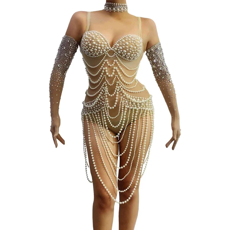 Volledige Parels Bodysuit Strass Handschoenen Vrouwen Sexy Pole Dance Gogo Wear Nachtclub Dj Ds Rave Outfit Drag Queen Kostuum XS7390