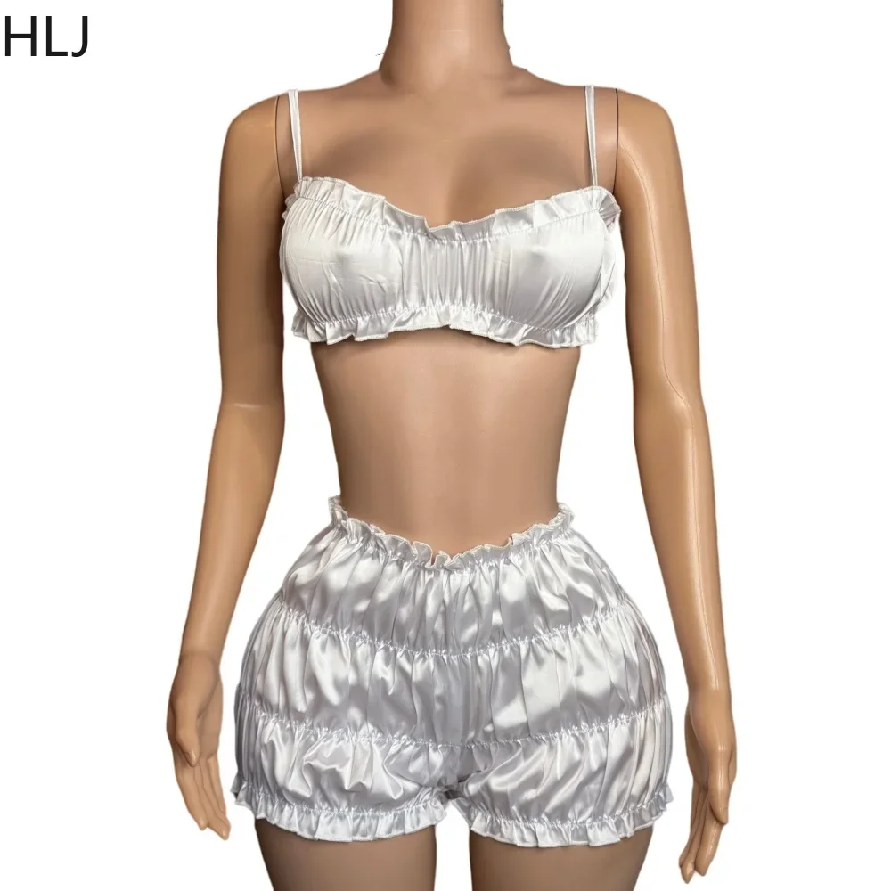 HLJ Y2K Ruched Sexy Shorts Two Piece Sets For Women Thin Strap Backless Crop Top And Stacked Shorts Outfits Fashion 2pcs Clothes