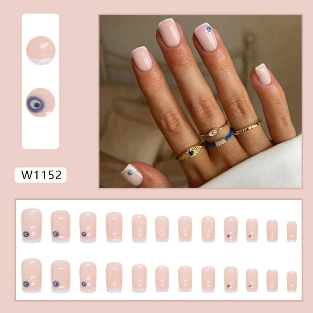 Unghie finte francesi colorate Fashion Simple Eyes Glitter Blue White Nail Tips Long Square staccabile Fake Nials Women Girls