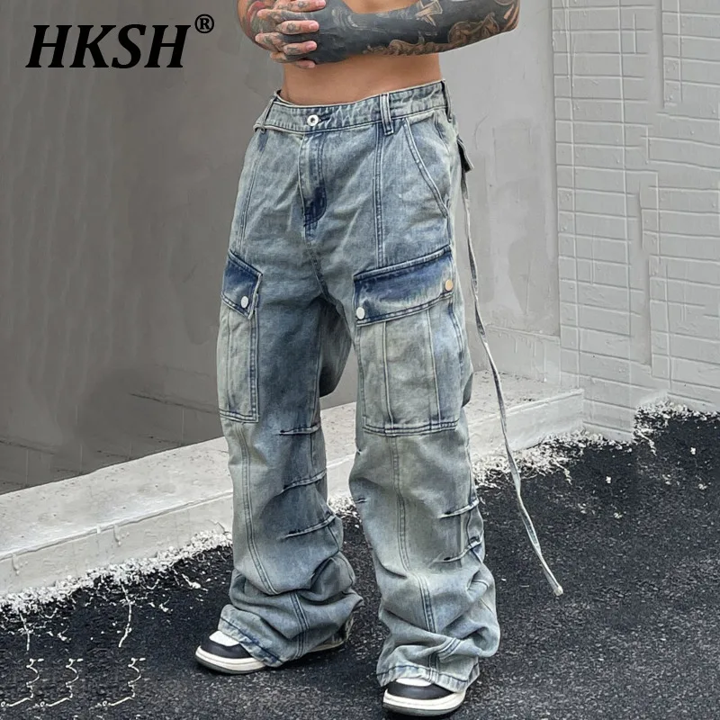 

HKSH Men's Tide Spring Autumn New Trendy Wide Legs Niche Washing Denim Pants High Street Distressed Hip Hop Vintage Jeans HK0938