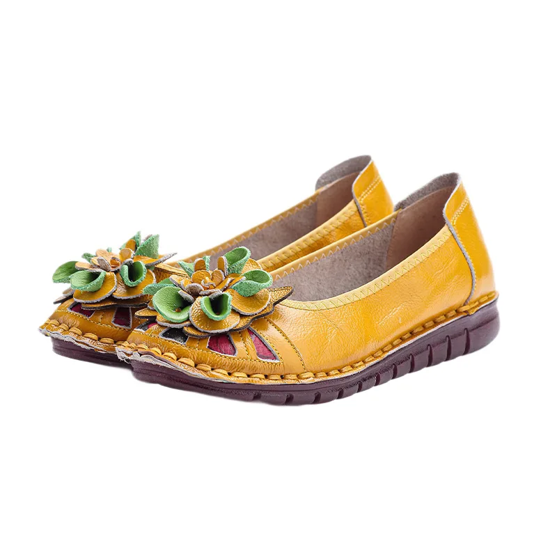 2026 New Ethnic Genuine Leather Shoes for Women Handmade Floral Flat Shoes Top-layer Cowhide Comfortable Loafers Plus Size