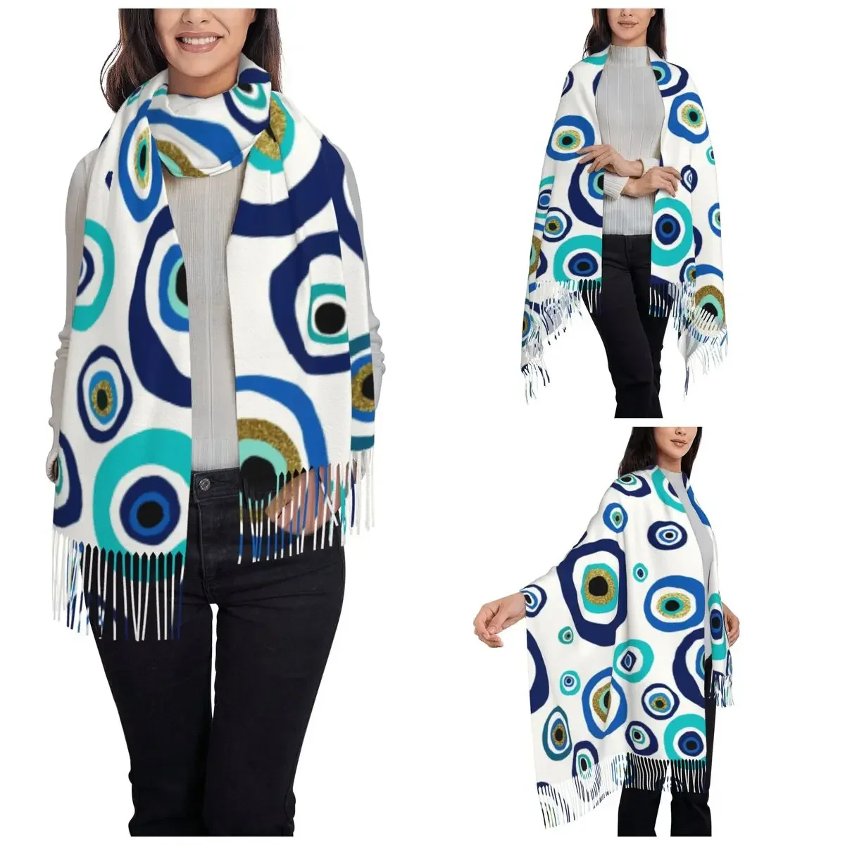 Women's Tassel Scarf Evil Eye Talisman Large Winter Fall Shawl Wrap Nazar Amulet Lucky Charm Reversible Cashmere Scarf