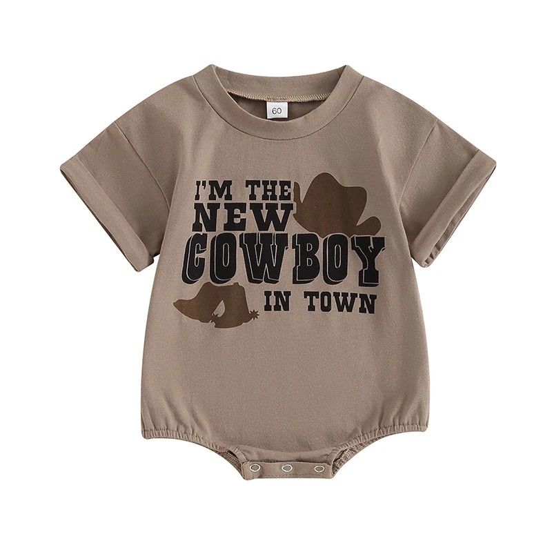 

Western Baby Romper Casual Short Sleeve Round Neck Boots Hat Print Bodysuit Infant Playsuit