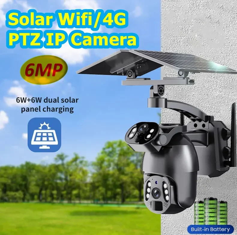 

Solar 4G/WIFI PTZ IP Camera Auto Tracking camara Security Protection 6MP Dual Lens 4K HD Monitor Smart Home CCTV Surveillance