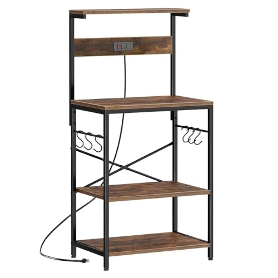 

Kitchen Bakers Rack with Power Outlet, Coffee Bar Table 4 Tiers, Kitchen Microwave Stand with 6 S-shaped Hooks, Storage Shelf R