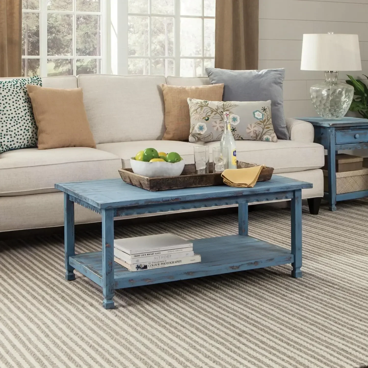 [New Arrival, Free Shipping!]Rustic Rectangular Coffee Table, Living Room Blue Antique, Farmhouse/Cottage Style, Select Hardwood