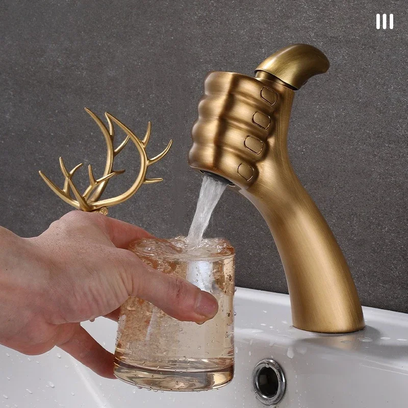 New creative thumb faucet household bathroom bathroom antique brass basin hot and cold water faucet