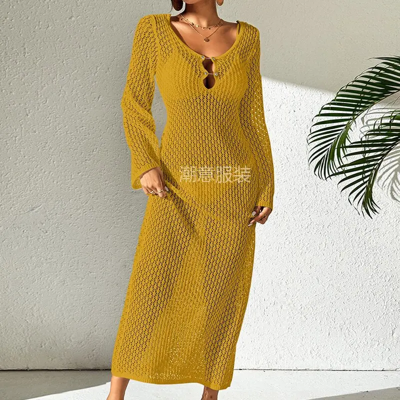 Robe longue à col en V amissié pour femme, cover-up pour maillot de bain, tenue de plage, vêtements féminins, manches longues, bouton rond, sexy, vacances, soleil, 2024