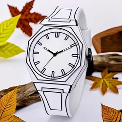 PINTIME New Men's Watches Black White Quartz Watch for Man Creativity 2D Comic Style Wristwatch Male Leisure Male Cool Clocks