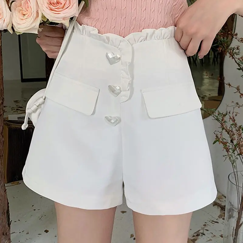 

Summer Casual Love Button Loose Wide Woman Short Pants 2025 Korean Style Fashion Elegant High Waist Suit With Shorts for Women