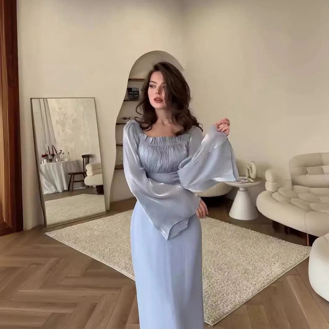 Women Elegant Sexy Bodycon Prom Dress Pleated Flared Sleeve French Vintage Strap Robe Korean Female Formal Evening Dress