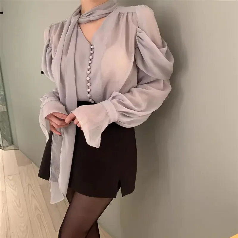

Chic Spring French Elegant Women V Neck Chiffon Shirt Long Flare Sleeve Pink Purple White Workwear Top Chic Ribbon Sheer Blouse