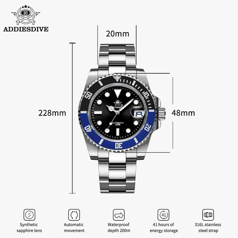 ADDIESDIVE 2023 Watch Men Automatic Mechanical Sapphire Fashion Diving Wristwatches New Stainless Steel 200ATM Waterproof Watch