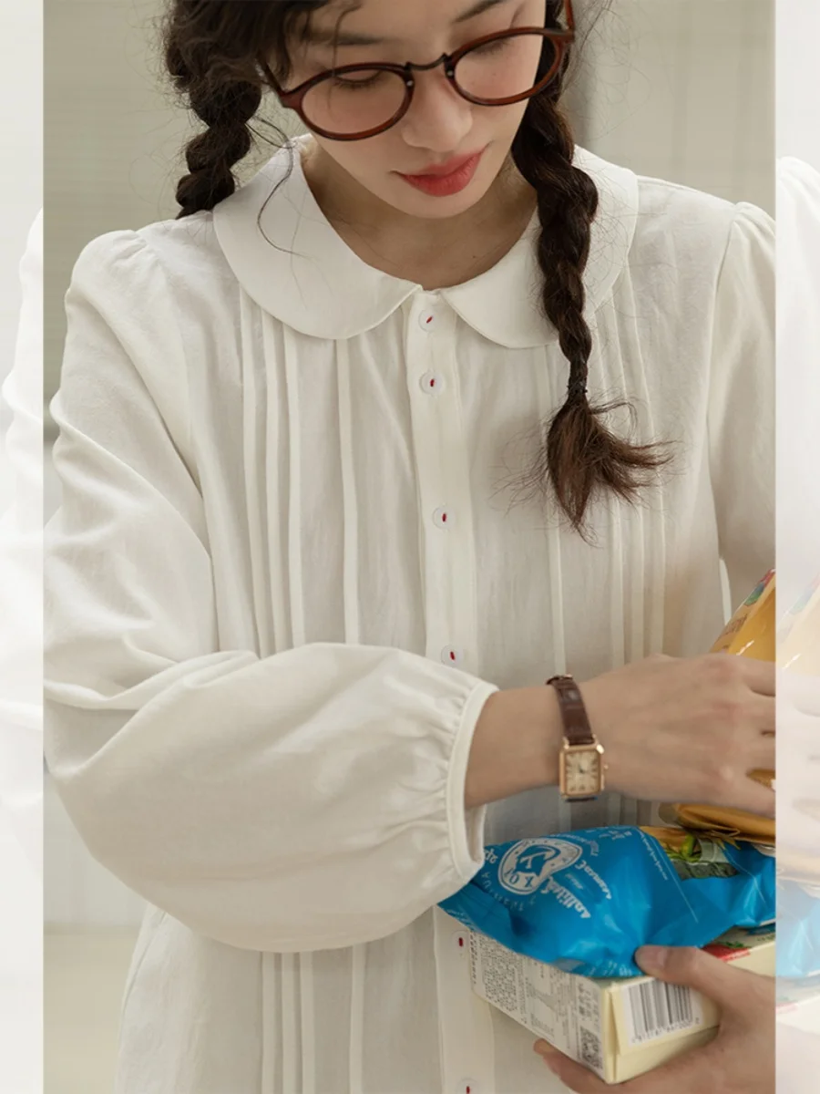 

Модная белая женская рубашка с длинным рукавом и воротником «Питер Пэн» для весны, базовая, для ношения в качестве нижнего слоя, качественная, хлопковая, свободного кроя