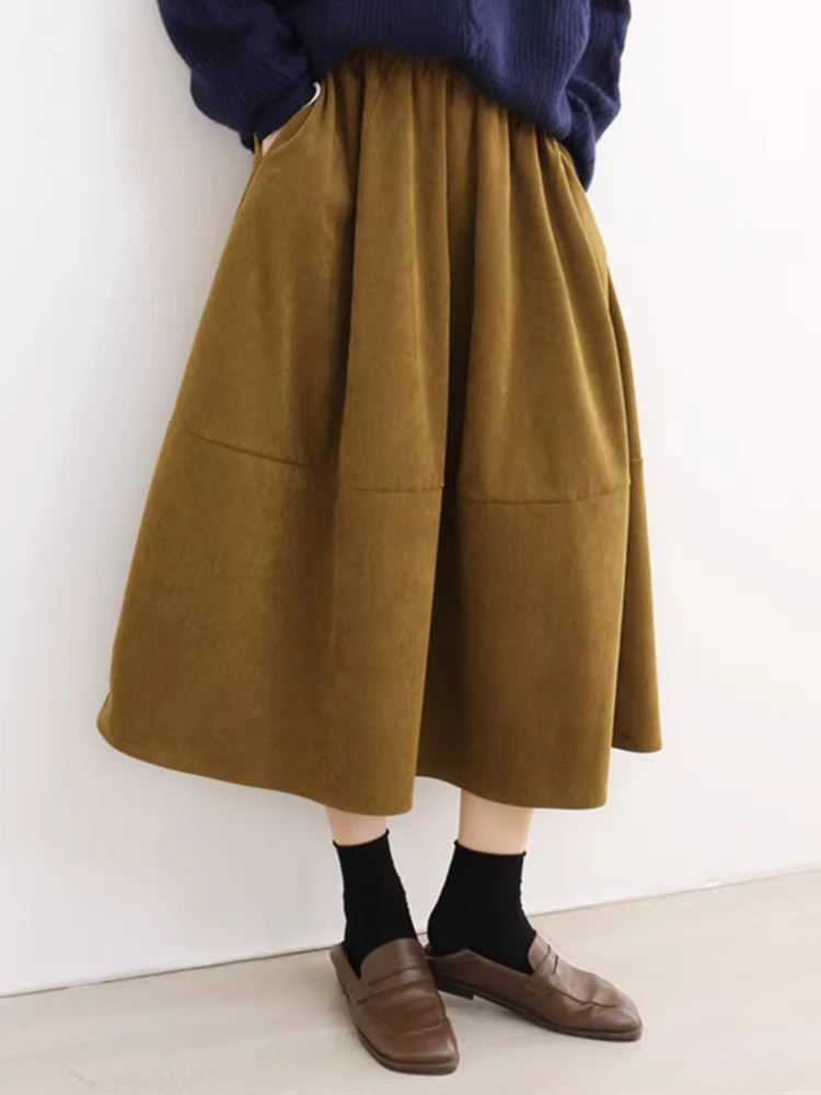 الرجعية سروال قصير ميدي ألف خط تنورة المرأة الخريف الشتاء جديد Sle عالية الخصر التخسيس تنورة طويلة مظلة تنورة