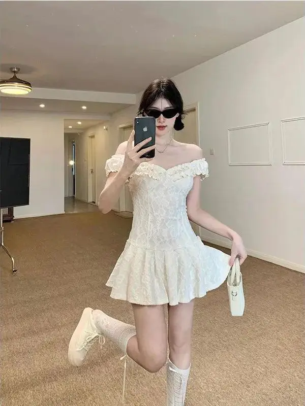 Spicy Girl White One-Shoulder A-Line  Dress Summer Beautiful Sweet And Spicy First Love Slim Fit Women's Skirt Dress