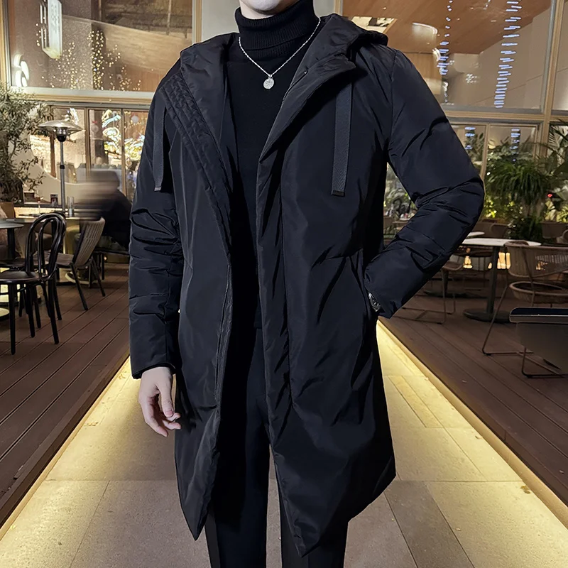 

Winter New Mid-Length Down Coats High Quality Fashion Men Solid Color Thicken Thermal Overcoat Korean Outdoor Hooded Windbreaker