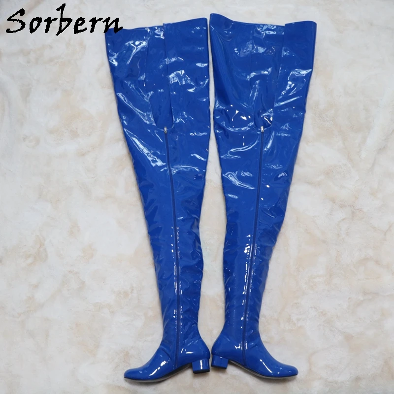 Sorbern Custom 88Cm Crotch Thigh High Boots Women With 145Cm Outside Shaft Length Square Mid Heels Round Toe Unisex Style Shoes