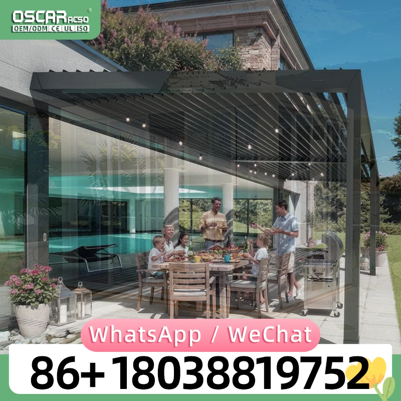All Weather Adjustable Aluminum Louvered Shade Structure with Waterproof Dimmable RGB Lights Modern Patio Courtyard Outdoor Spac