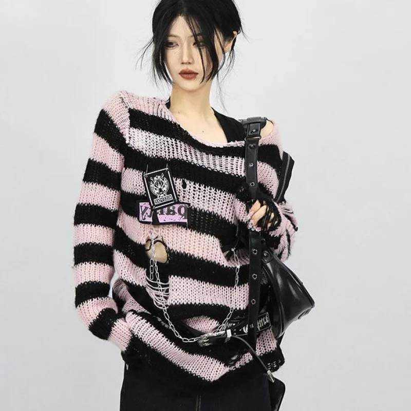 Gothic Striped Sweaters Spring Autumn Women Punk Sweater Y2K Harajuku Hollow Out Hole Broken Jumper Loose Pullovers Streetwear