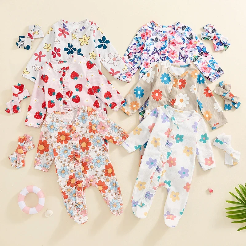 Baby Autumn Rompers Girls Long Sleeve Strawberry Flower Butterfly Print Frills Zipped Jumpsuits Newborn Clothes