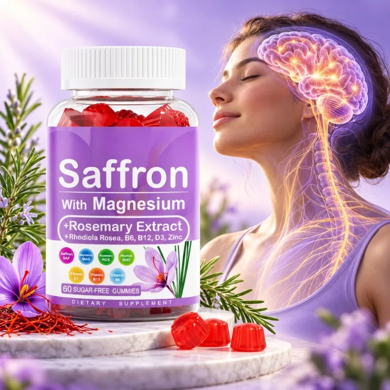 Saffron & Magnesium Gummies for Mood Balance, Stress Relief & Restful Sleep with B6 B12 D3 Zinc Rhodiola Sugar-Free Vegan 120 Ct