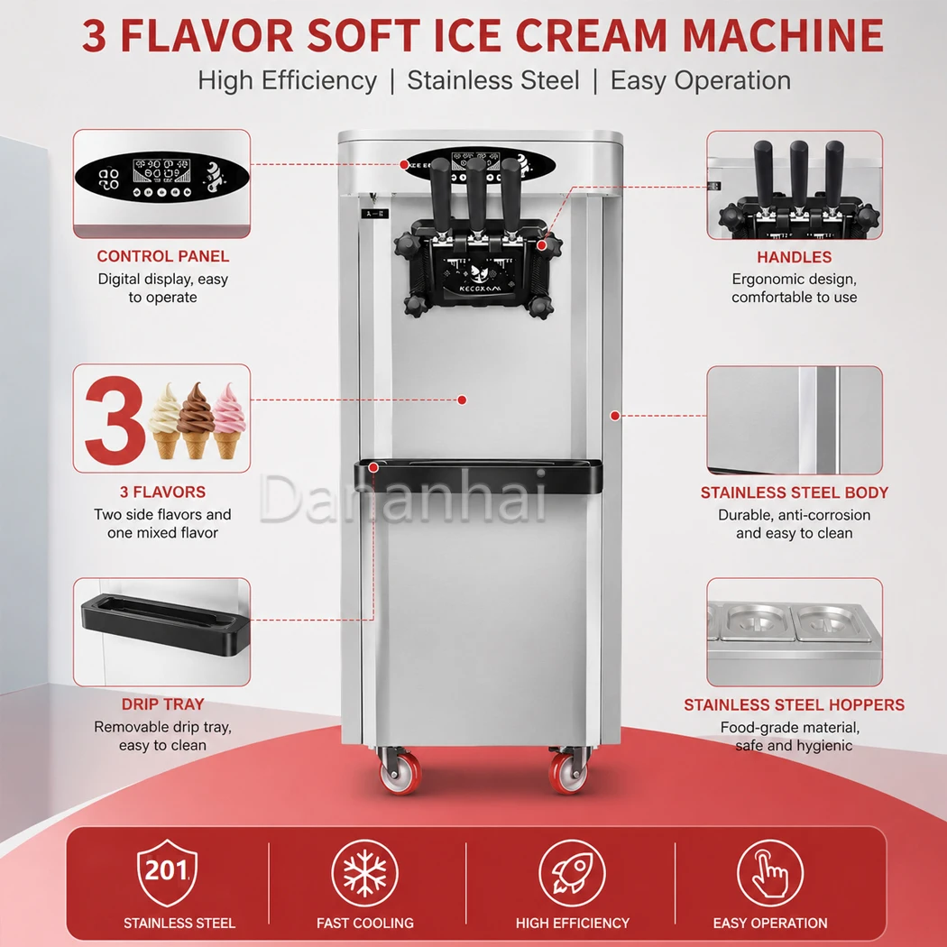 Frozen Dessert Soft Serve Machine, 3‑Flavor Gelato Maker for Coffee Shop Snack Stall Business