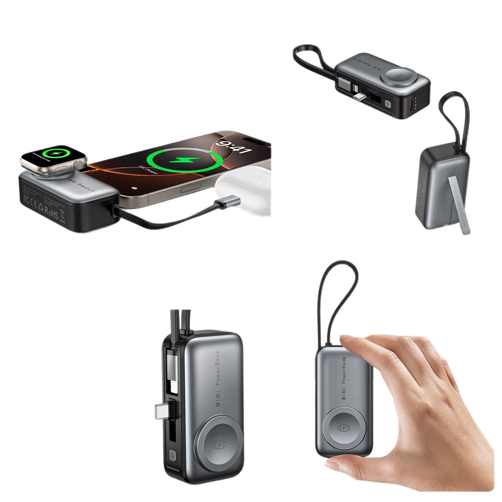 

Мини-беспроводные часы «три в одном», беспроводное зарядное устройство для наушников, внешний аккумулятор Type-C Lightning, подходит для Xiaomi IPhone