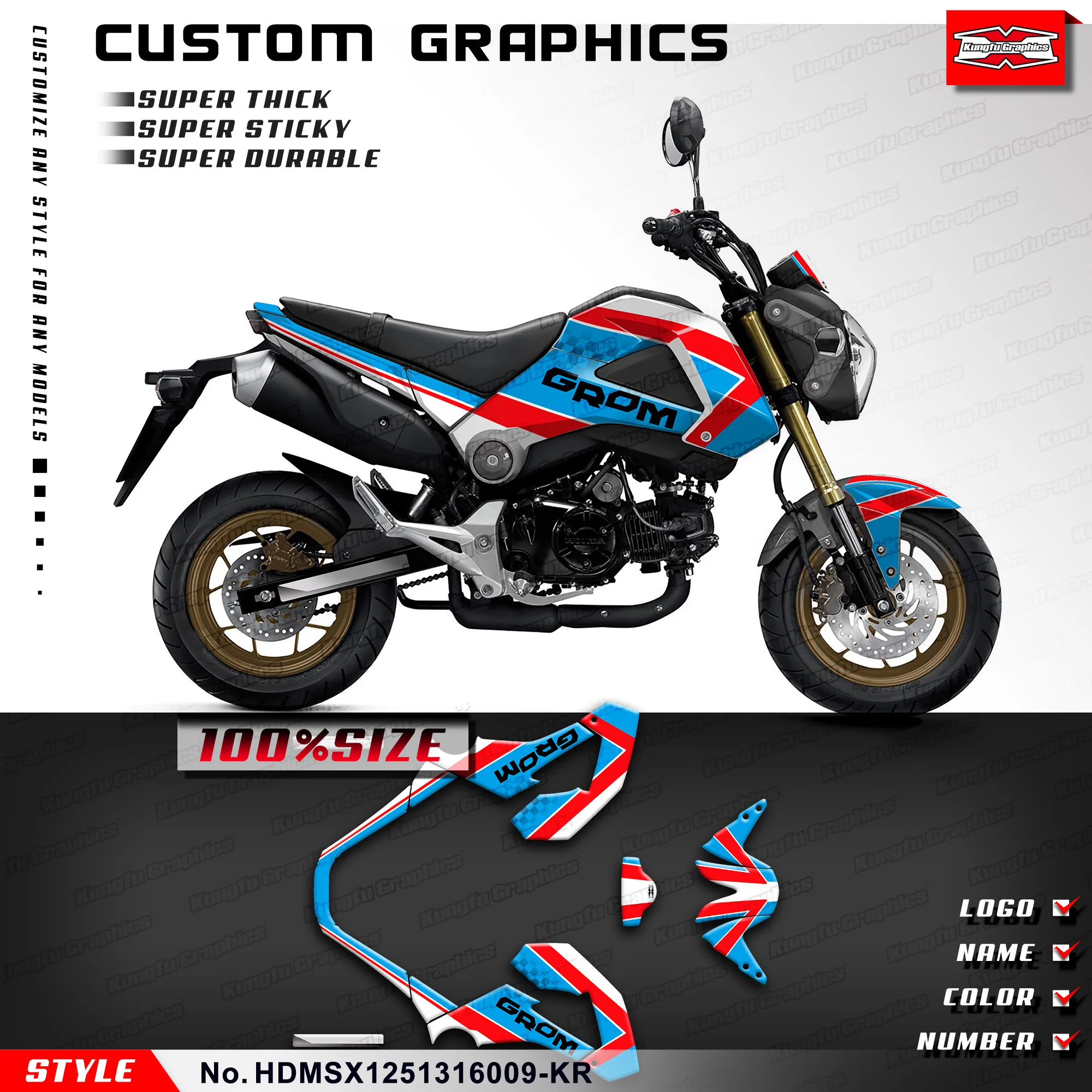 

KUNGFU GRAPHICS Custom Stickers Design Full Wrap Kit Adhesives for Honda Grom MSX 125 MSX125 2013 2014 2015 2016, Blue