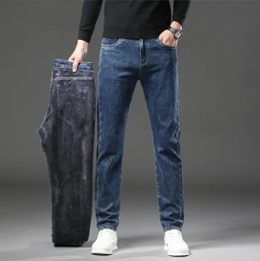 

Winter Fleece Thick Warm Jeans Men's Slim Straight Elastic Denim Pants Casual Male Clothing Fashion Plush Trousers