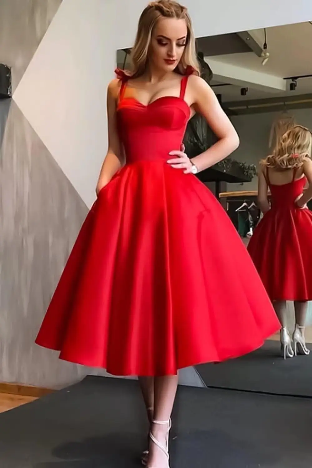 Vestido longo de chá de cetim para trás às aulas, camisola com laço fora do ombro, vestido de noite curto evasê para festa de baile e coquetel com bolsos