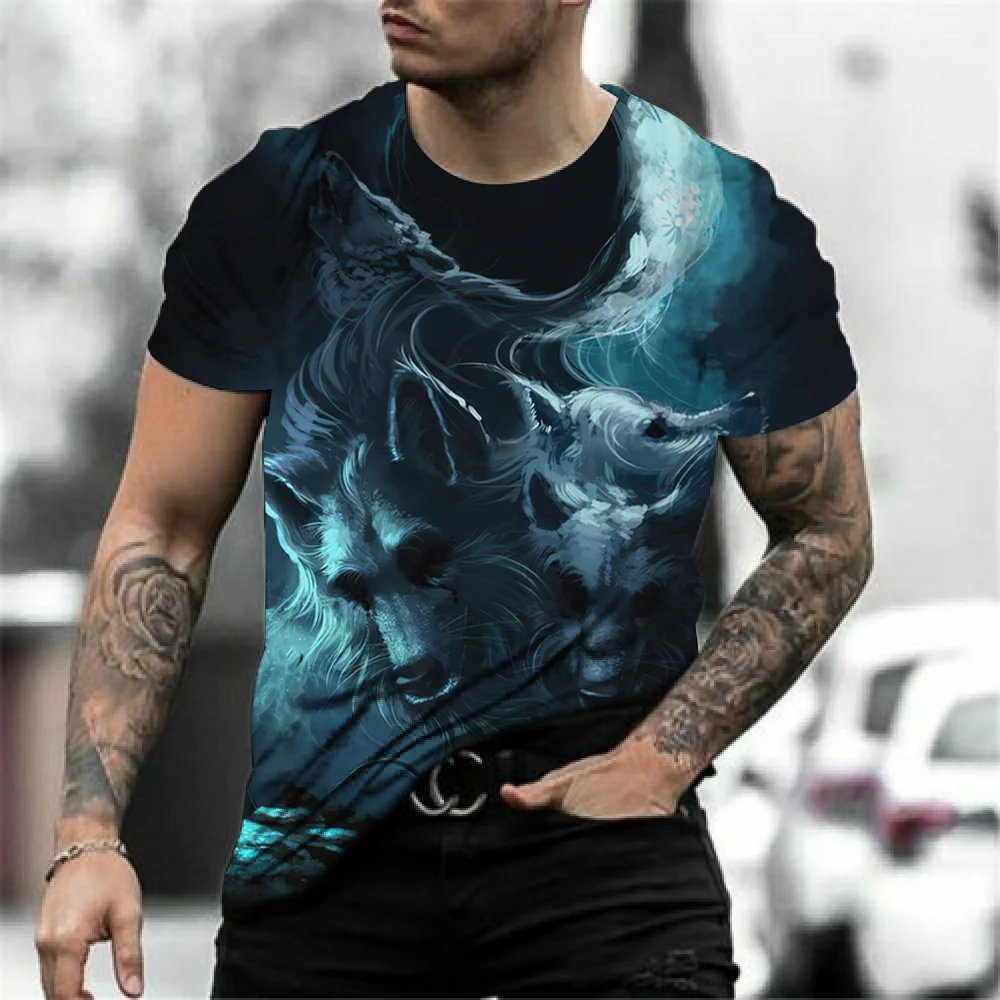 Koszulka z wilkiem męskie koszulki z nadrukiem 3D letnie krótkie szeroka odzież moda Harajuku bluzy z motywem zwierzęcym nowe Casual chłopcy T Shirt