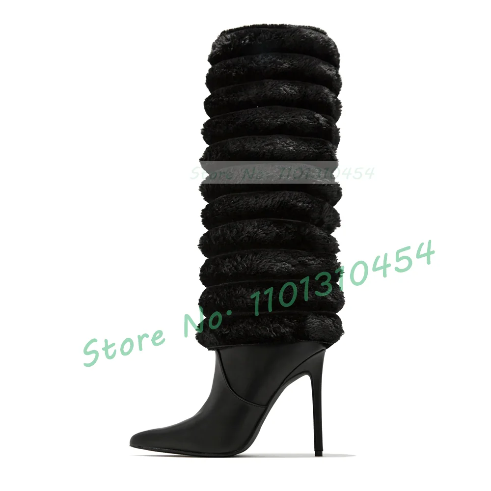 Black Fur Striped Knee-high Boots Women Black Fur Patent Leather Pointy High Heels Boots Winter Luxury Warm Pull-on Long Shoes