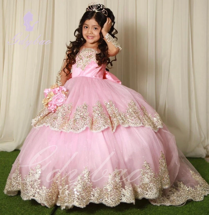 Pink Lace Flower Girl Dress For Wedding Tulle Applqique Puffy Princess Pageant Kids Baby Birthday First Communion Ball Gown