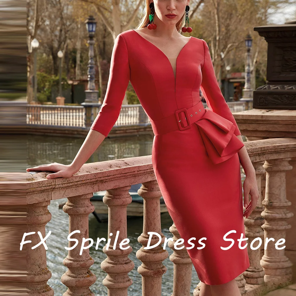 CustomizedV Neck Sheath Knee Length Satin 3/4 Sleeves Belt Zipper Back Solid Color Elegant Exquisite Bespoke Occasion Gowns Even