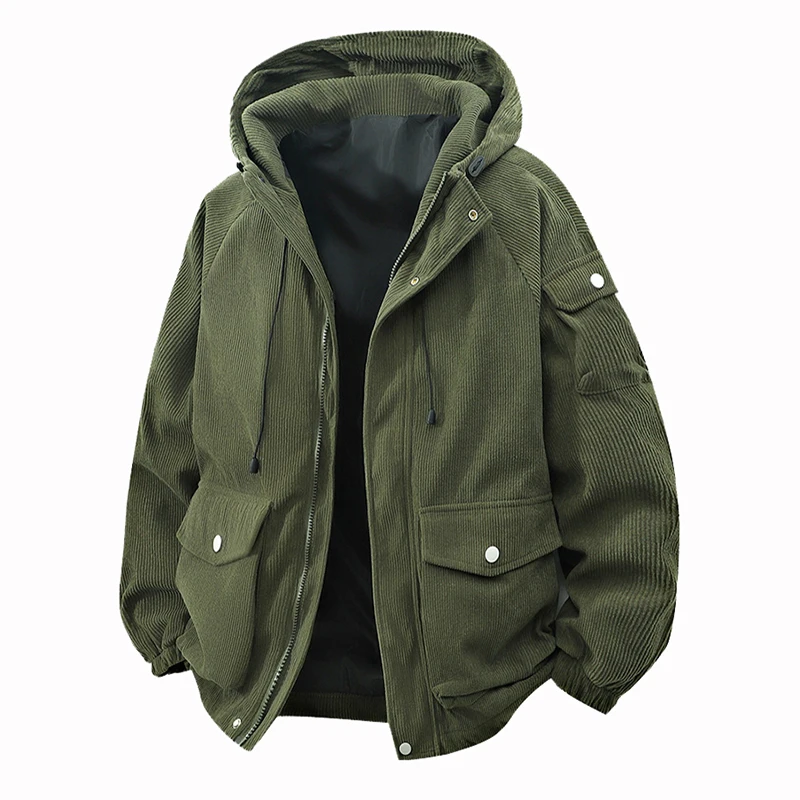 

2025 New Corduroy Hooded Jacket Men's Casual Classic Loose Coat With Multi-pocket Cargo Jackets Fashion Trend Men Clothes Top