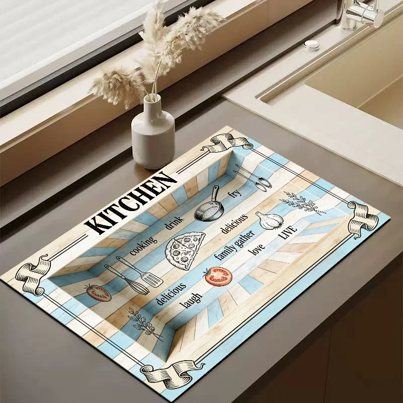 VIKAMA Vintage Lettering Farmhouse Kitchen Mat Absorbent Non Slip Waterproof Dish Drying Counter Protector Pad
