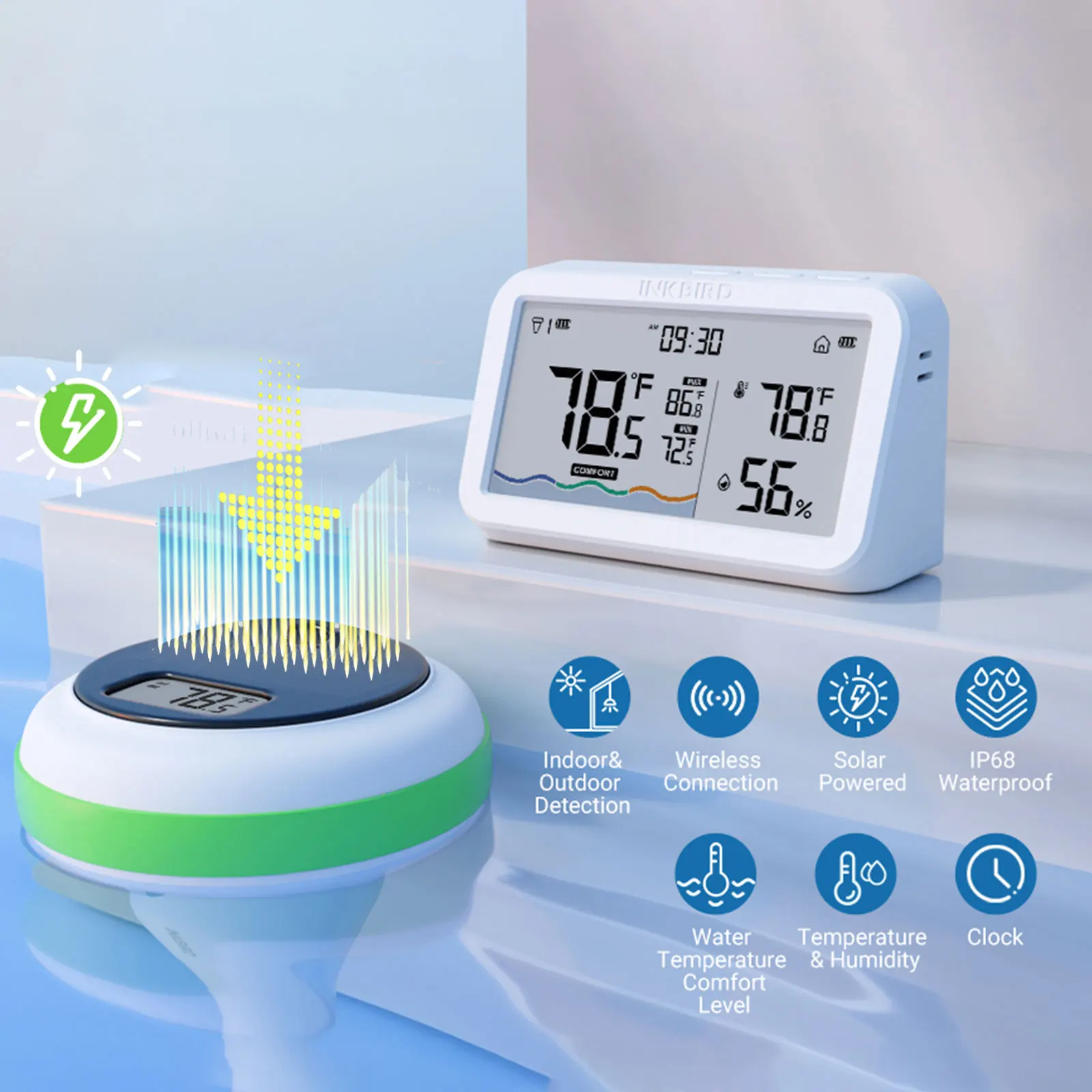 INKBIRD Solar Wireless Pool Thermometer 300m Ultra-Long Transmission Distance Pool Thermometer with Indoor Temp Humidity Monitor