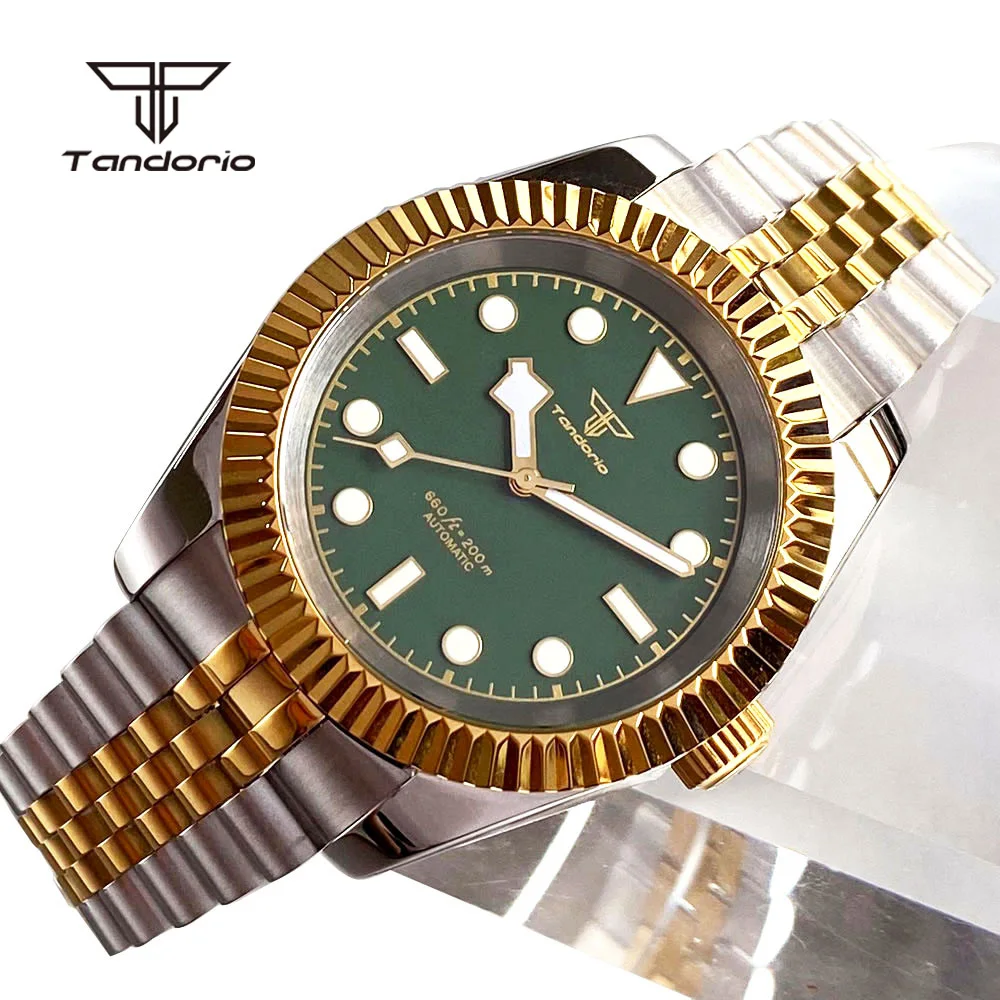 

Tandorio NH35 мужские 39 мм/36 мм золотые часы с сапфировым стеклом модные автоматические механические двухцветные стальные наручные часы зеленый циферблат светящийся