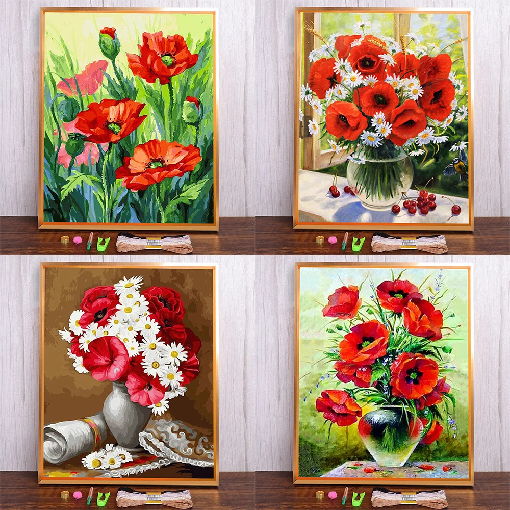 Flowers Poppy Printed Fabric 11CT Cross Stitch Embroidery Set DMC Threads Craft Handicraft Hobby Knitting Different Mulina Gift