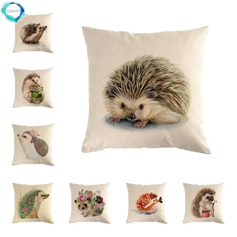 Cartoon hedgehog linen pattern printing series decorative home pillowcase square office decorative cushion cover