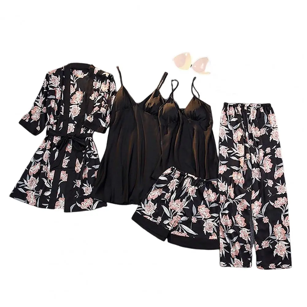 

Five-piece Pajama Set Silky Satin Flower Print Women's Pajama Set Loose Fit Detachable Chest Pads Lace-up Waist 5 Piece Homewear