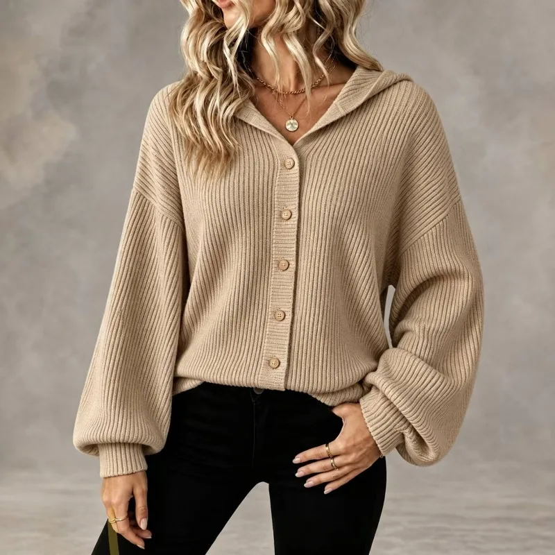 Hooded Knit Cardigan Drop Shoulder Lantern Long Sleeve Button Down Corduroy Long Sleeve Loose Women Casual Outerwear 260702