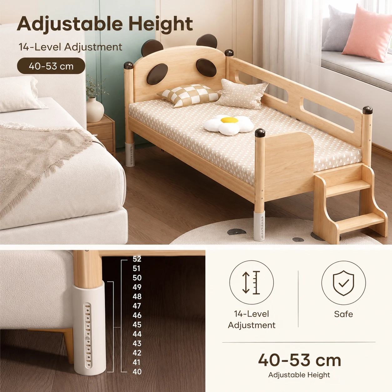 Solid Wood Kids Bedside Splicing Bed with Guardrail Toddler Bed Frame Height Adjustable with Mattress for Boys Girls