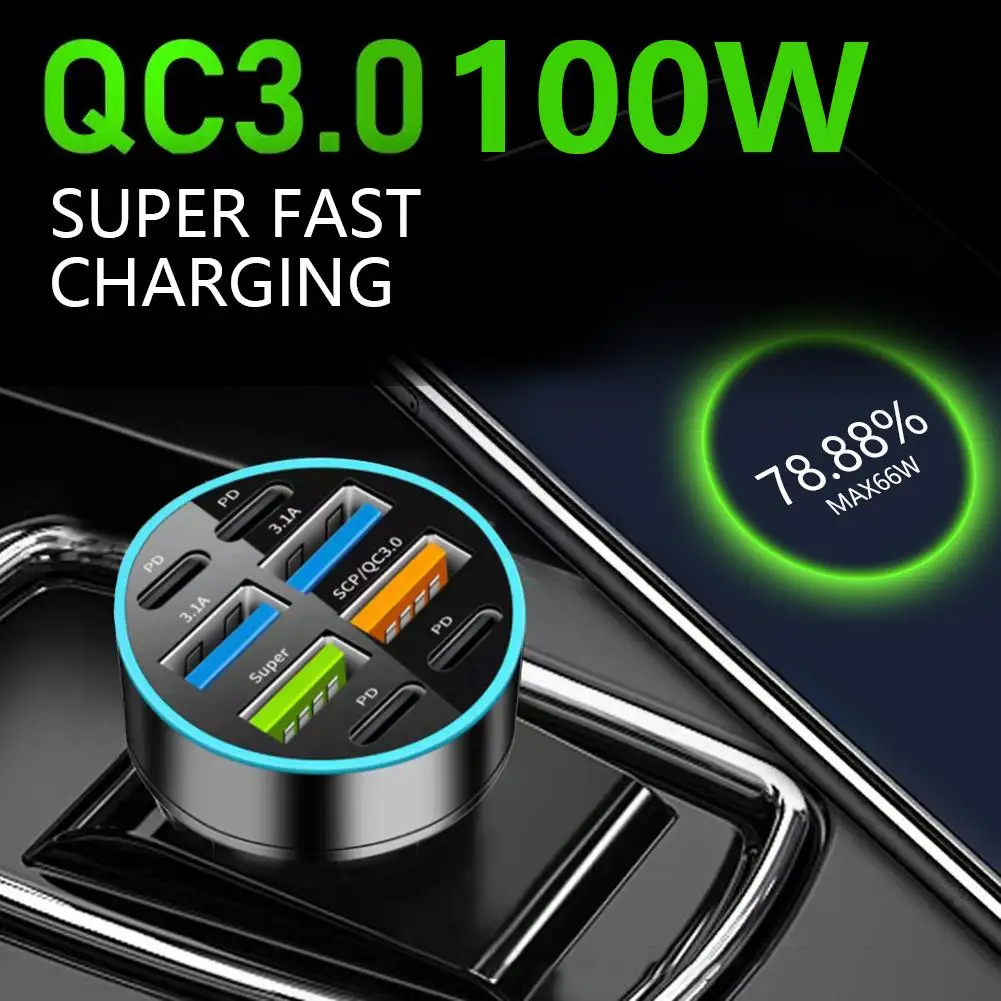 100W 6 Ports USB PD Car Charger Fast Charging Car Phone Adapters Digital Display For IPhone Quick Charger In Car