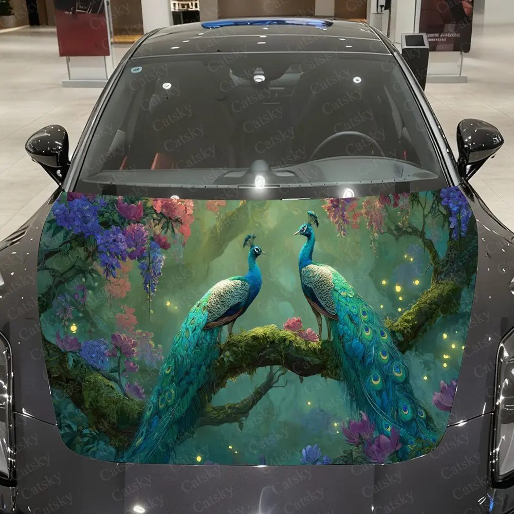 Turquoise Peacocks on Colorful Branches Car Vinyl Wrap, PVC Waterproof Car Hood Sticker, Self-Adhesive Scratch-Resistant Sticker