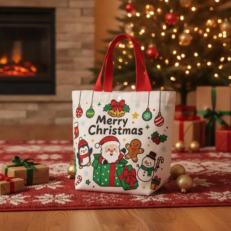 Christmas Handheld Cloth Gift Bag Adorable Cartoon Santa Xmas Tree Design Portable Pouch for Party Decor Kids Candy Storage