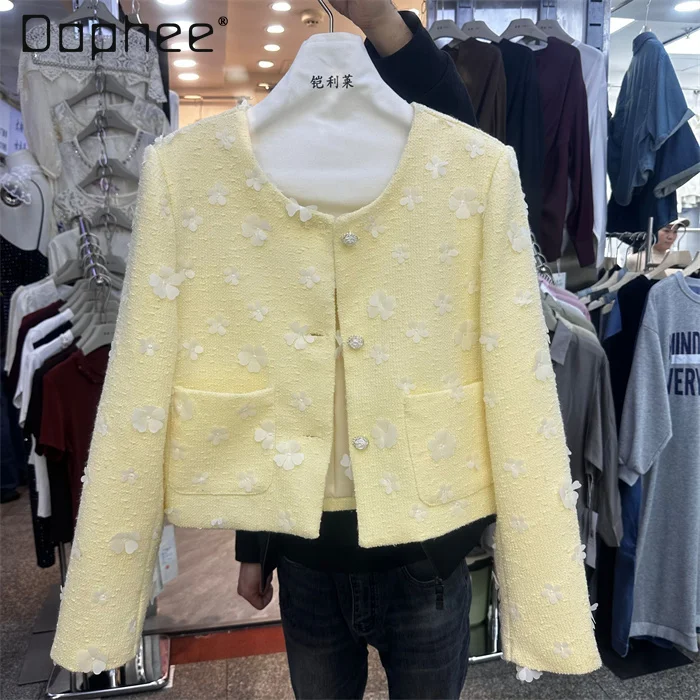 

European Trendy Versatile Round Neck Short Single-breasted Three-dimensional Flower Tweed Jacket Temperament Sweet Casual Coat