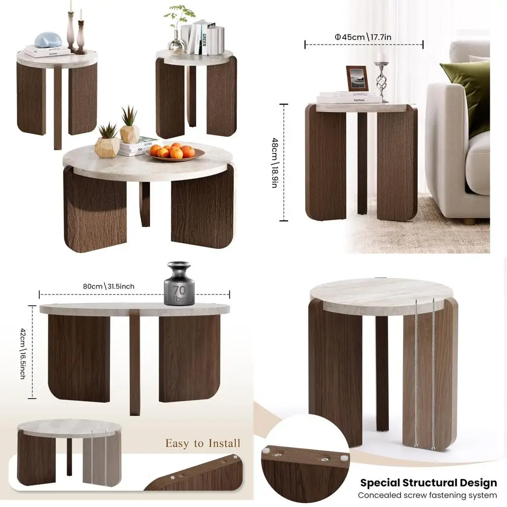 ชุดโต๊ะกาแฟและโต๊ะข้างโซฟา 3 ชิ้น รุ่นโมเดิร์นลายหินอ่อน สำหรับห้องนั่งเล่นและอพาร์ตเมนต์