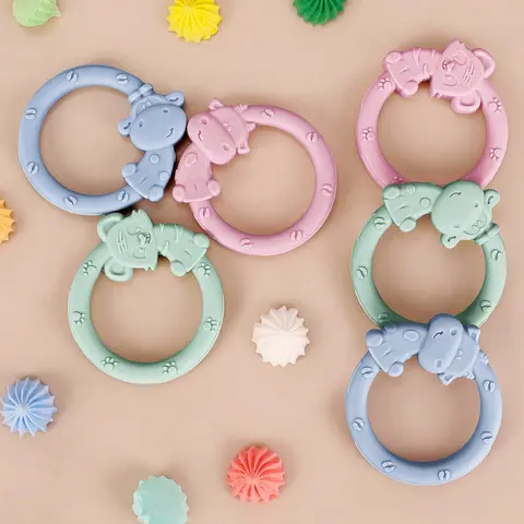 3pcs Baby Teether Ring Kids Cartoon Tiger Giraffe Cow Teething Silicone Dental Care Gums Anti-eating Hand ​Molar Stick Accessori